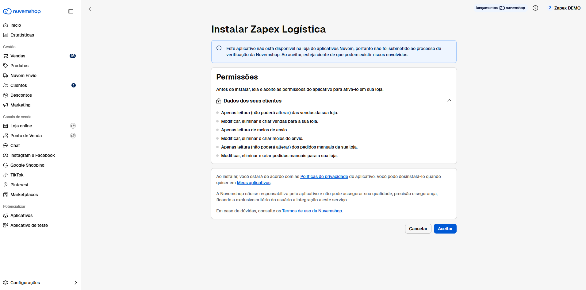 Tela de permissões do aplicativo